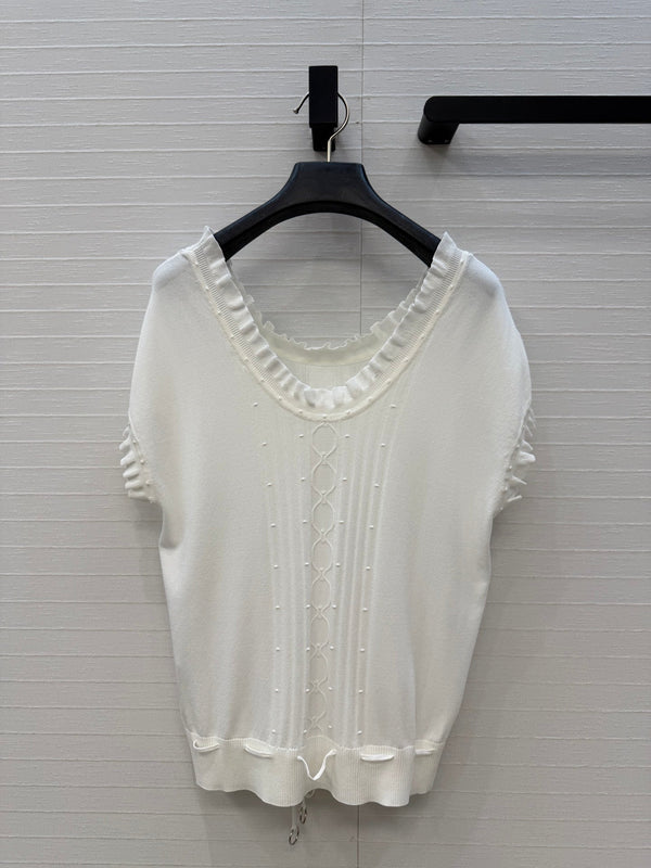 HM Short-Sleeve Sweater With Ruffled Details White Modal Nylon