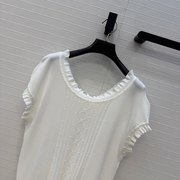 HM Short-Sleeve Sweater With Ruffled Details White Modal Nylon