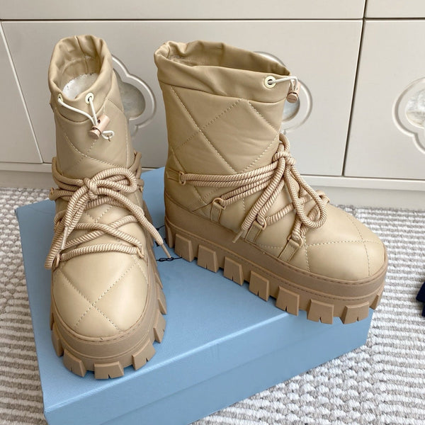 Prada 25 Shearling Apres-ski Boots Beige Calfskin 501449