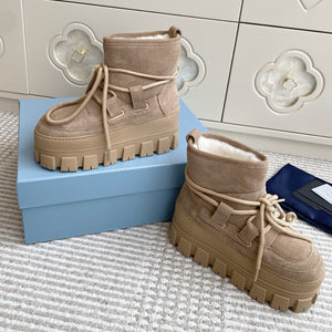 Prada 25 Shearling Apres-ski Boots Beige Suede Calfskin