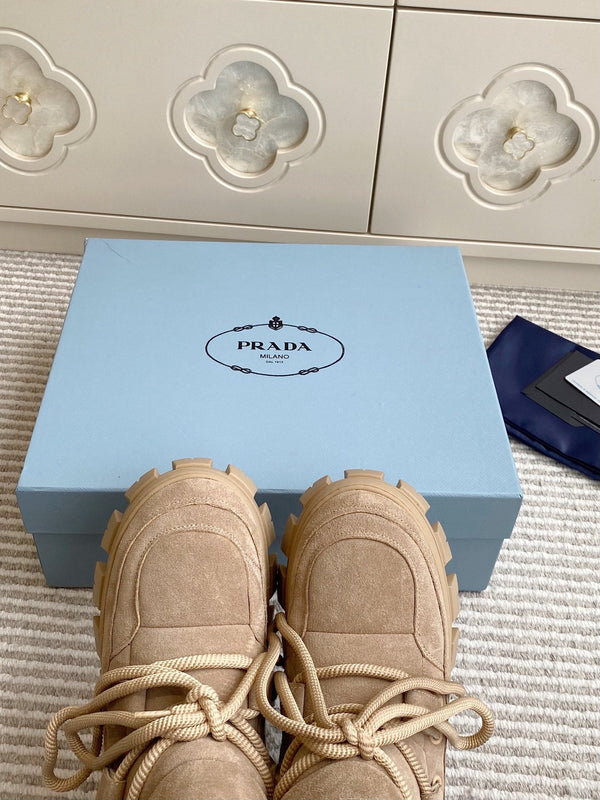 Prada 25 Shearling Apres-ski Boots Beige Suede Calfskin