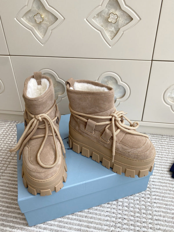 Prada 25 Shearling Apres-ski Boots Beige Suede Calfskin