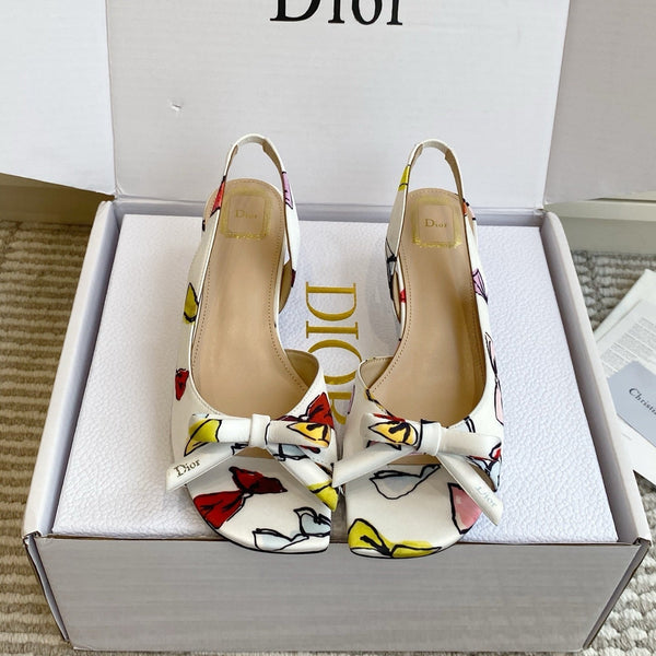 CD 26s Bow Kitten Heel Open Back Sandals White Lambskin 909657