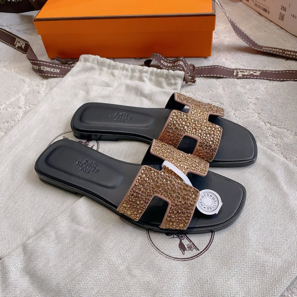 HM 26s Oran Sandal Black Brown Calfskin Crystal Embellished
