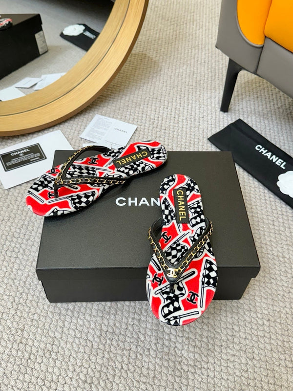 CC Chain Strap Thong Slippers Red Cloth Sheepskin Velvet 305868