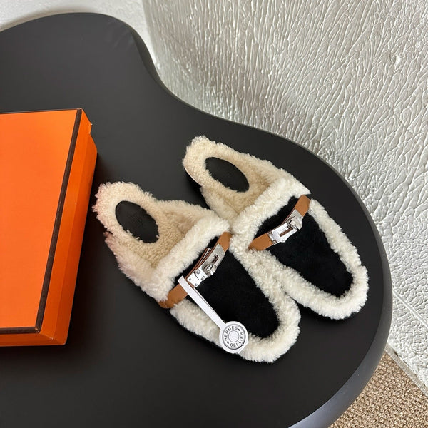 HM Oz Mule Black Mix White Suede Lined With Wool Fleece 961091