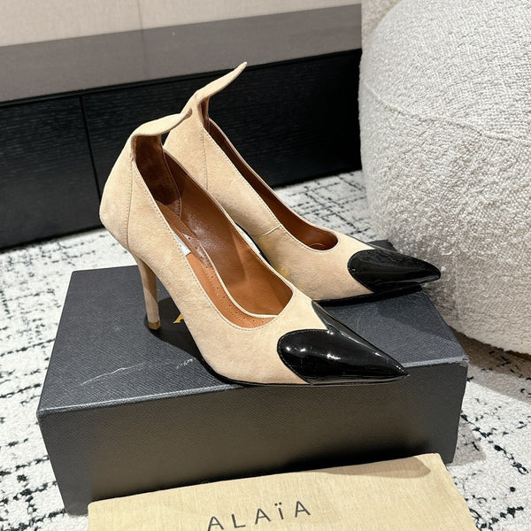 DÉCOLLETÉ ALAIA ALTO 10 CM IN CAMOSCIO BEIGE MISTO PELLE DI VITELLO NERA