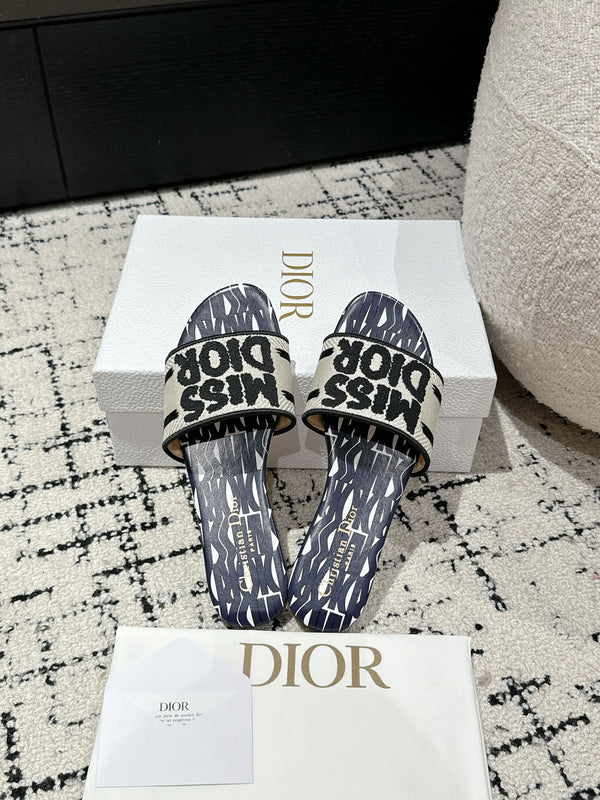 CD Dway Slide Deep Blue Mix White Black Embroidered Cotton