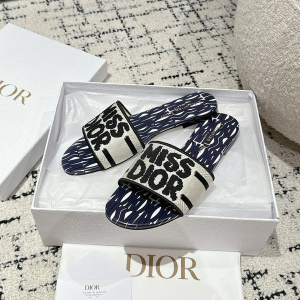 CD Dway Slide Deep Blue Mix White Black Embroidered Cotton