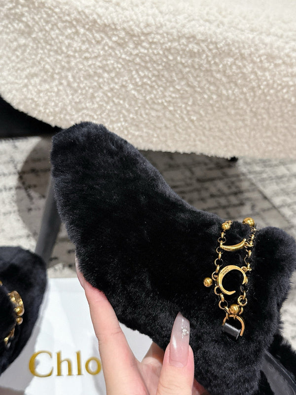 Chloe Covered Fur Slippers Black Wool 514327
