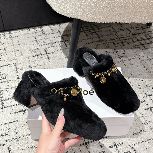 Chloe Covered Fur Slippers Black Wool 514327