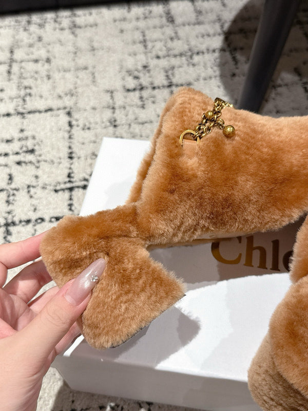 Chloe Covered Fur Slippers Caramel Brown Wool 514330
