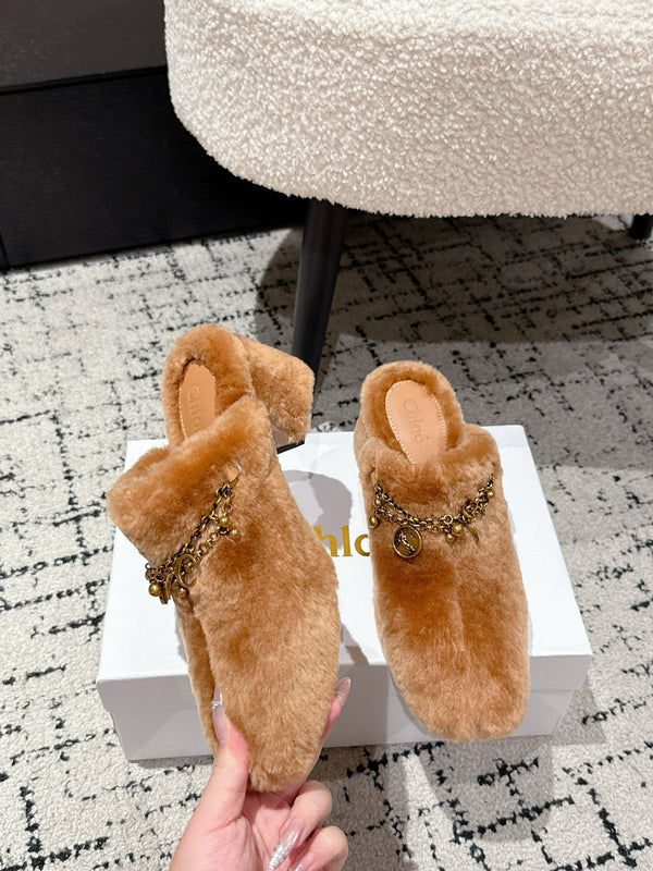 Chloe Covered Fur Slippers Caramel Brown Wool 514330
