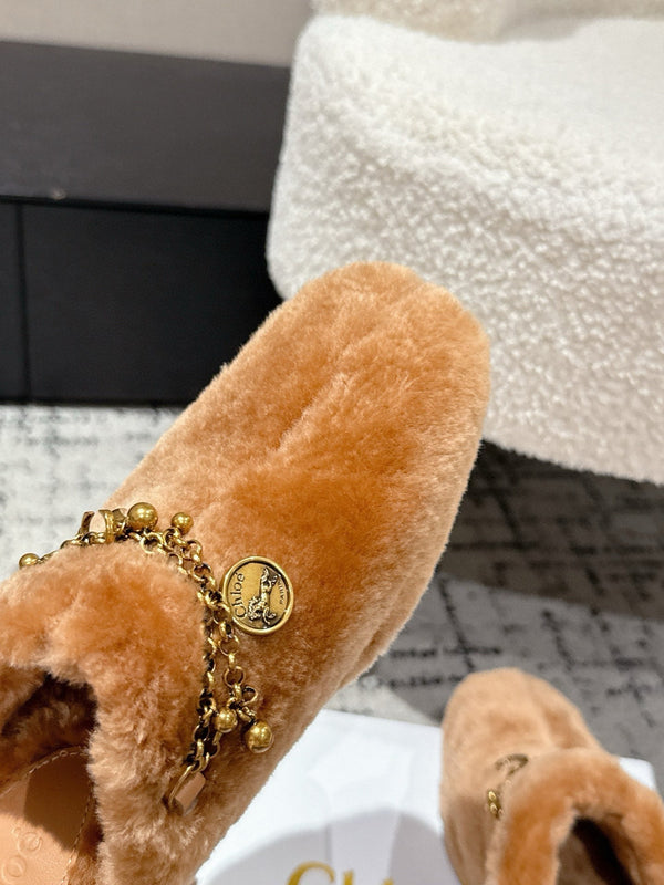Chloe Covered Fur Slippers Caramel Brown Wool 514330