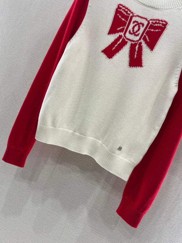 Chanel Pull Nœud 2025 Laine Blanc mélangé Rouge 99220