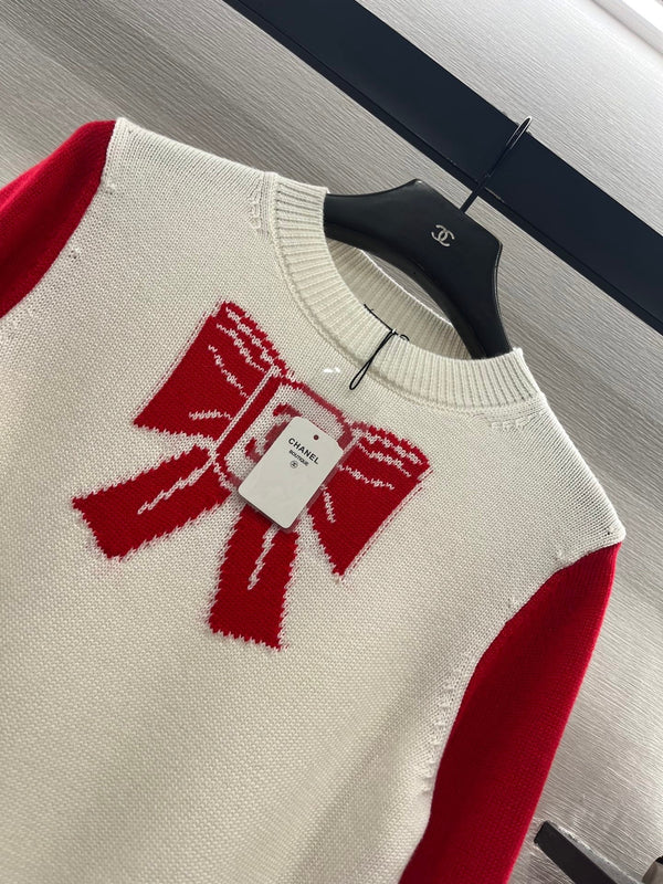 Chanel Pull Nœud 2025 Laine Blanc mélangé Rouge 99220