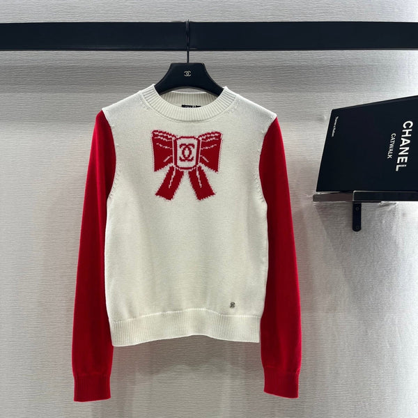 Chanel Pull Nœud 2025 Laine Blanc mélangé Rouge 99220
