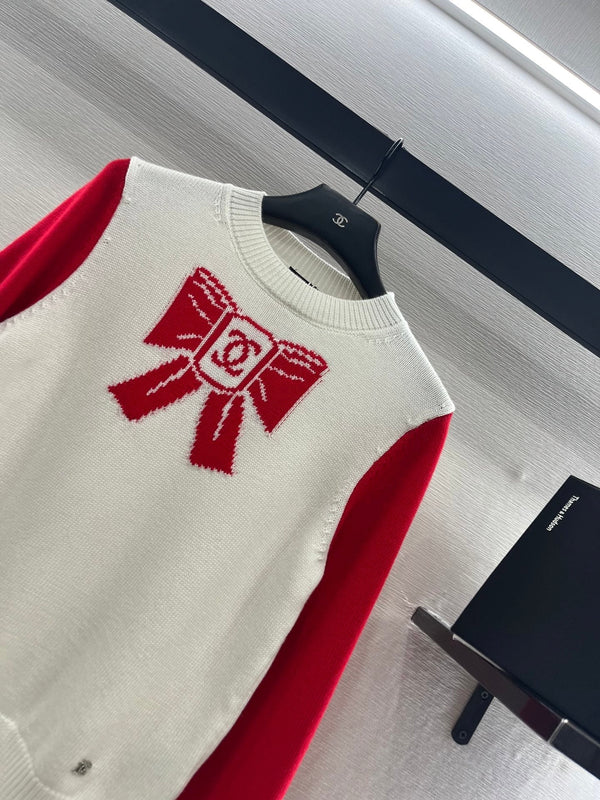 Chanel Pull Nœud 2025 Laine Blanc mélangé Rouge 99220