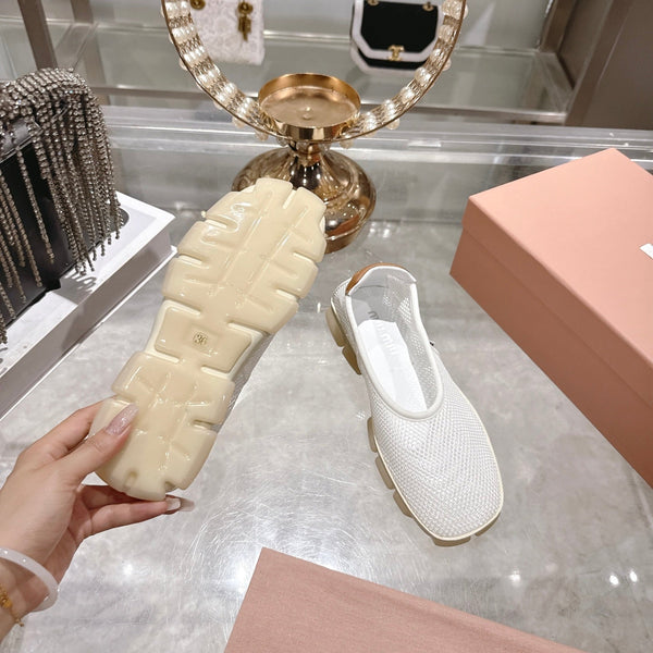 Miu Ballerinas White Light Brown Technical Mesh Leather 751305