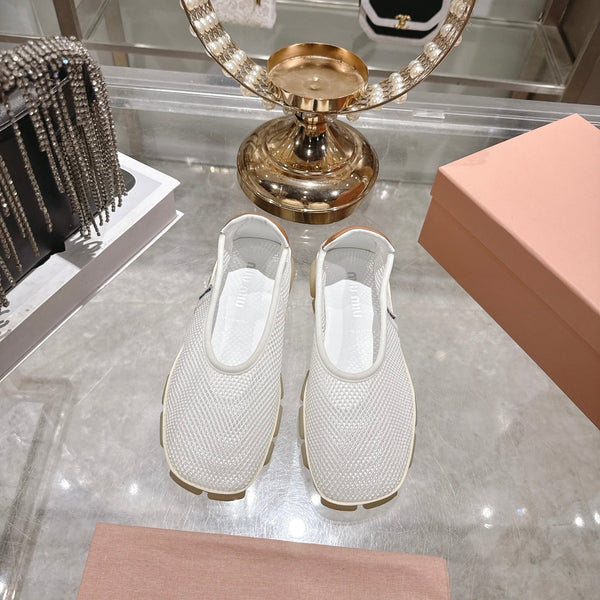 Miu Ballerinas White Light Brown Technical Mesh Leather 751305