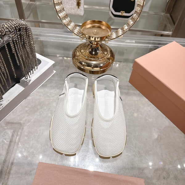 Miu Ballerinas White Black Technical Mesh Leather 751306