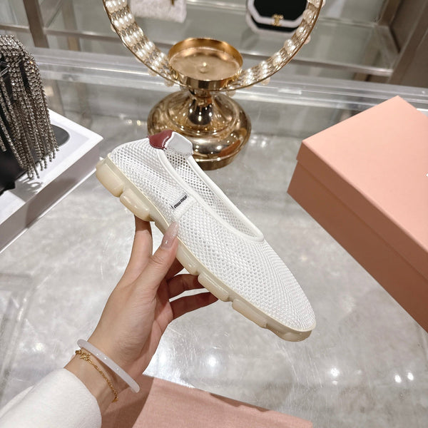 Miu Ballerinas White Brown Technical Mesh Leather 751307