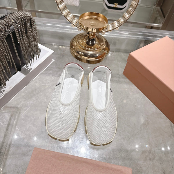 Miu Ballerinas White Brown Technical Mesh Leather 751307