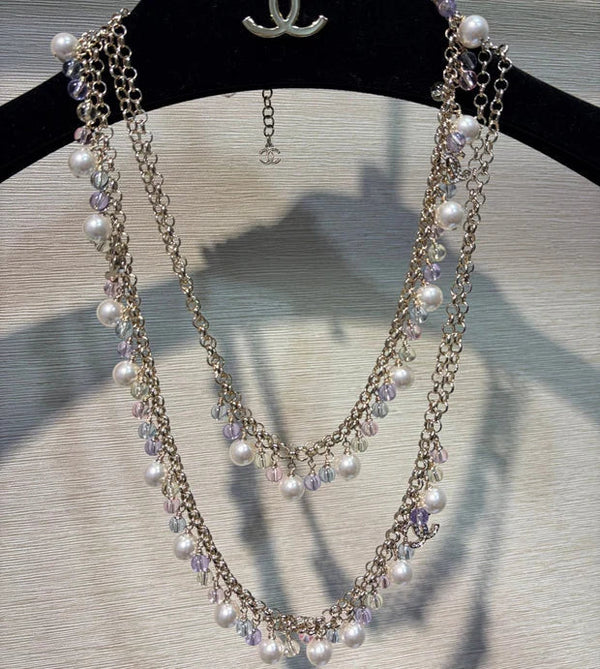 CC 2026 Colored Crystal Pearl Double C Long Necklace
