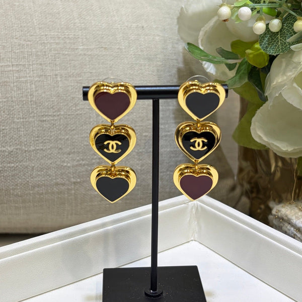 Chanel 2026 Gold Double C Black Heart Enamel Long Stud Earrings