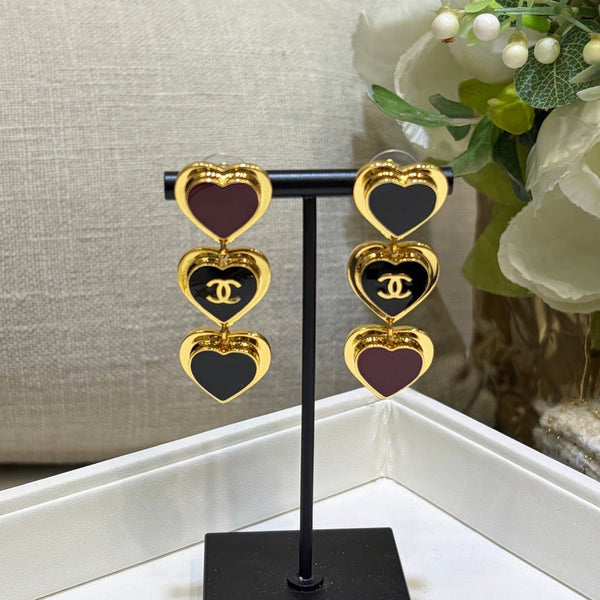 Chanel 2026 Gold Double C Black Heart Enamel Long Stud Earrings