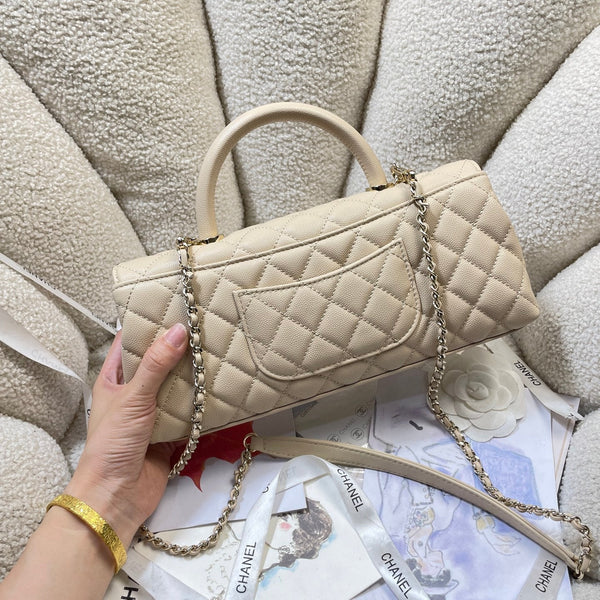CC Maxi Flap Bag with Top Handle 31cm Light Beige Quited Caviar Leather