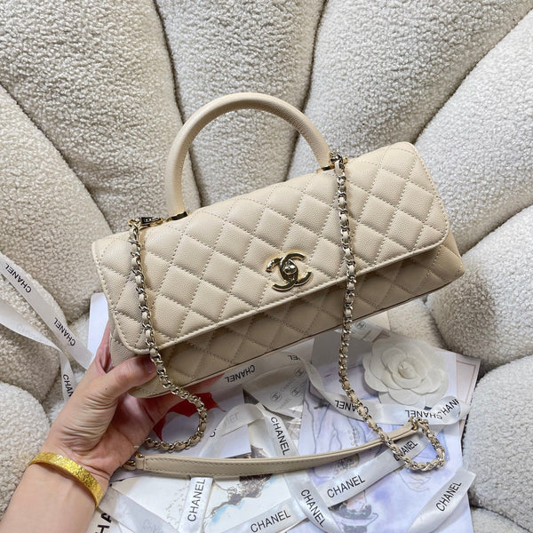 CC Maxi Flap Bag with Top Handle 31cm Light Beige Quited Caviar Leather