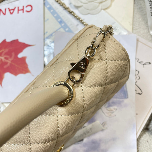 CC Maxi Flap Bag with Top Handle 31cm Light Beige Quited Caviar Leather