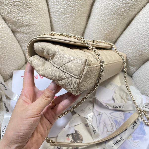 CC Maxi Flap Bag with Top Handle 31cm Light Beige Quited Caviar Leather