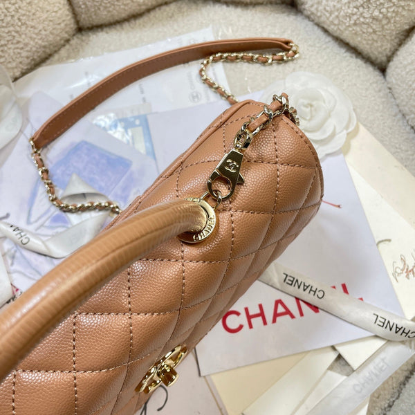 CC Maxi Flap Bag with Top Handle 31cm Tan Quited Caviar Leather