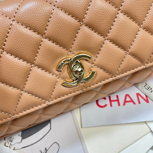 CC Maxi Flap Bag with Top Handle 31cm Tan Quited Caviar Leather