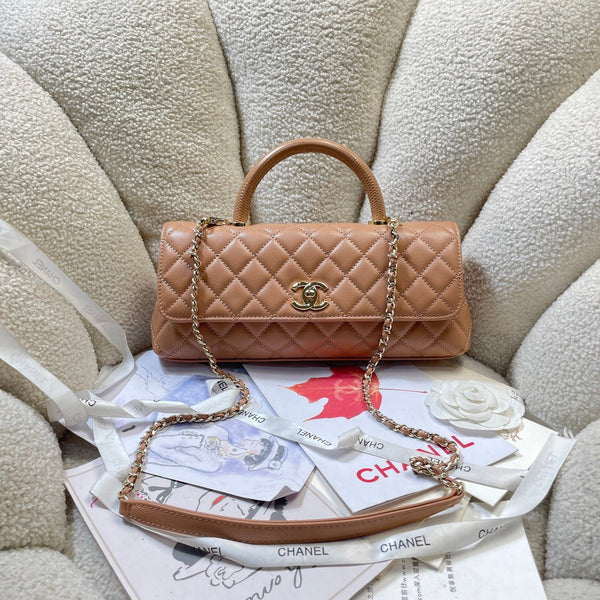 CC Maxi Flap Bag with Top Handle 31cm Tan Quited Caviar Leather