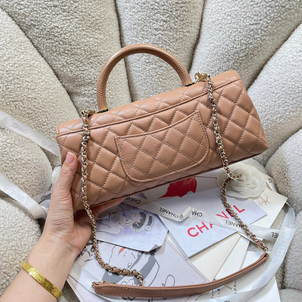 CC Maxi Flap Bag with Top Handle 31cm Tan Quited Caviar Leather