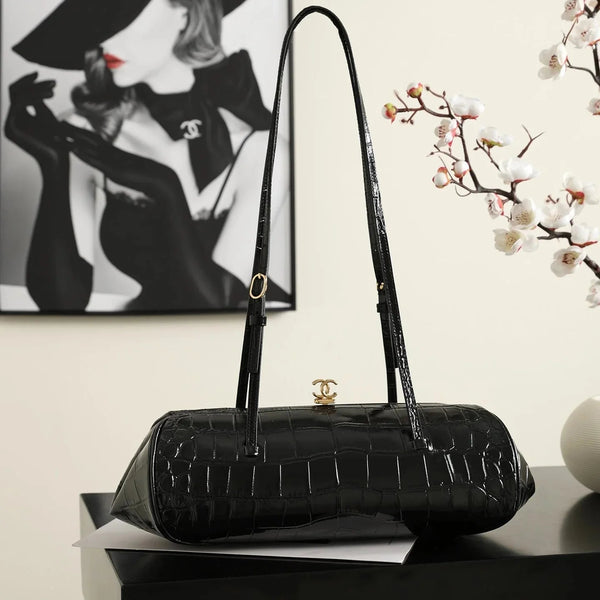 CC Clutch 35CM With Leather Strap Bordeaux Crocodile-Embossed Calfskin