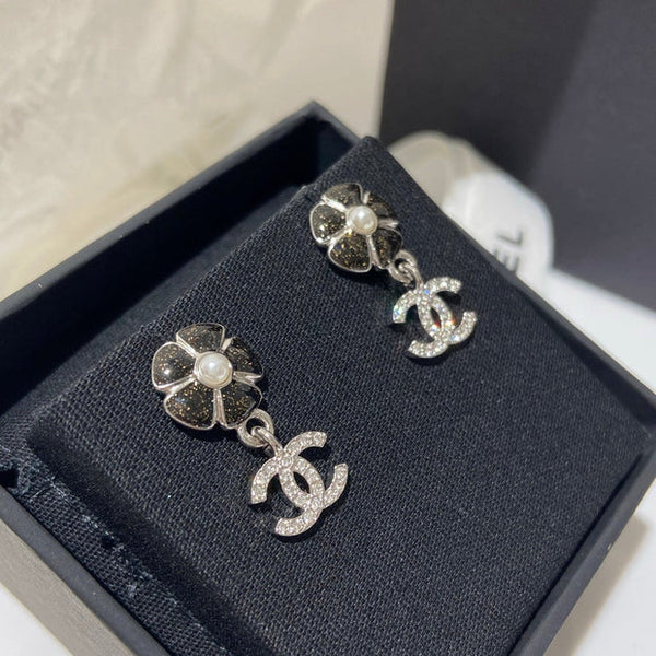 CC Pendentif Fleur Boucles d'Oreilles Diamant Noir Argent