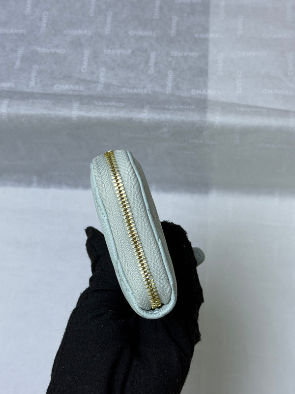CC 26P Zipper Card Holder Light Blue Quited Caviar Leather
