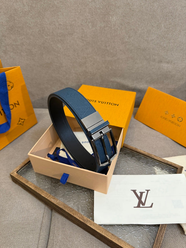 LV Slender Men Belt 35mm Deep Blue Embossed Monogram Leather Sliver HW
