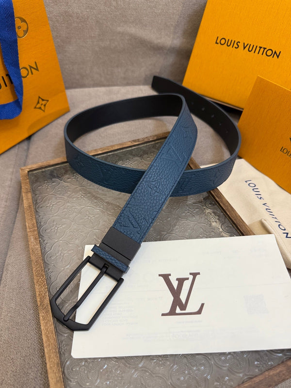LV Slender Men Belt 35mm Deep Blue Embossed Monogram Leather Black HW
