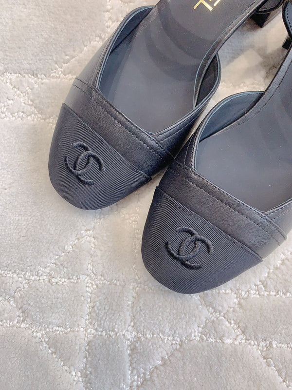 slingback in pelle di vitello nera e grosgrain nero