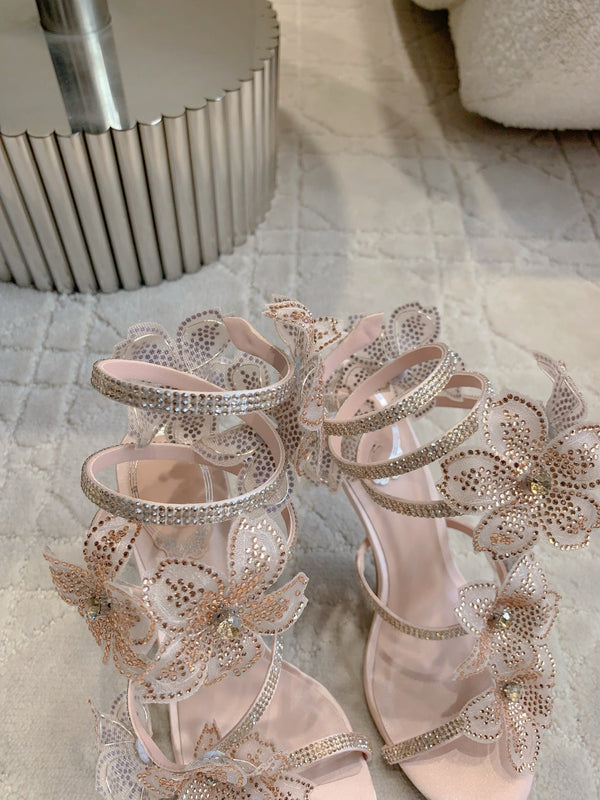 RC Flower Sandals Pink Nude Sheepskin Rhinestones 328466