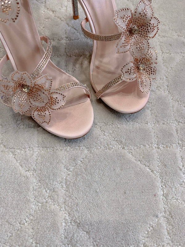 RC Flower Sandals Pink Nude Sheepskin Rhinestones 328466