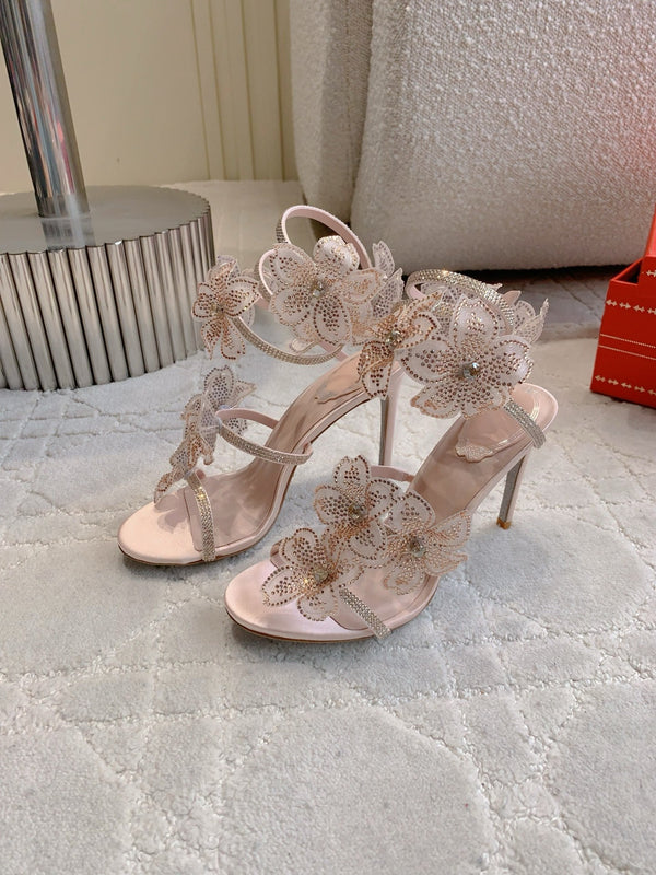 RC Flower Sandals Pink Nude Sheepskin Rhinestones 328466