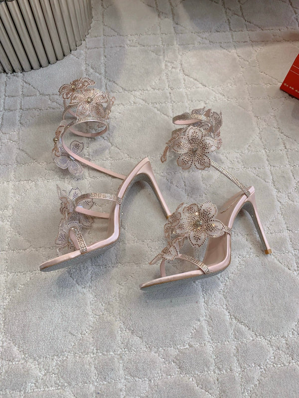 RC Flower Sandals Pink Nude Sheepskin Rhinestones 328466