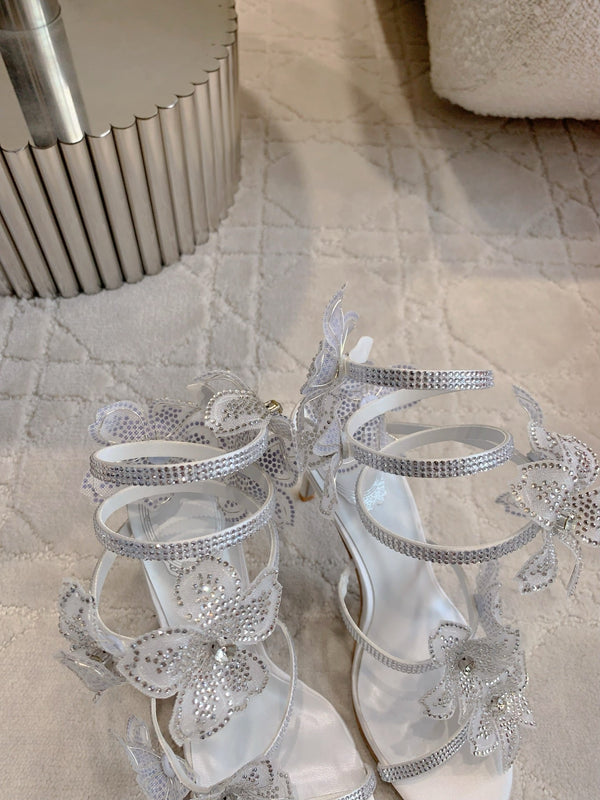 RC Flower Sandals Silver Sheepskin Rhinestones 328468