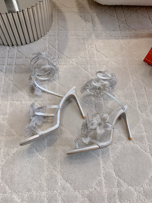 RC Flower Sandals Silver Sheepskin Rhinestones 328468